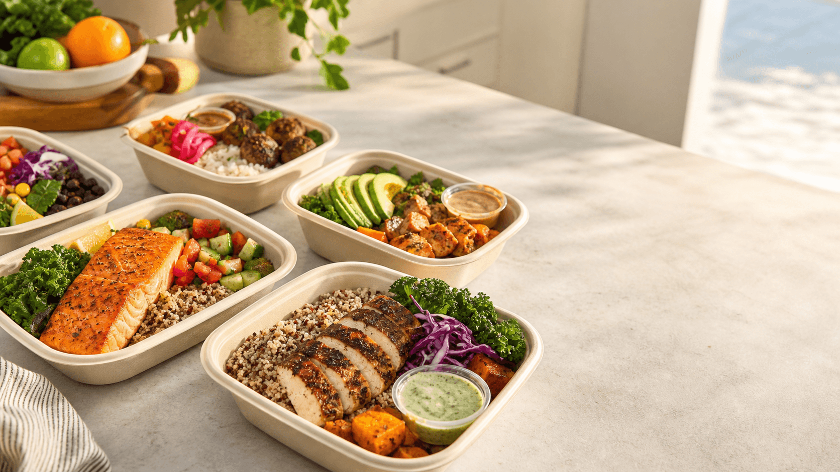Fresh prepared meal bowls arranged on a sunlit table